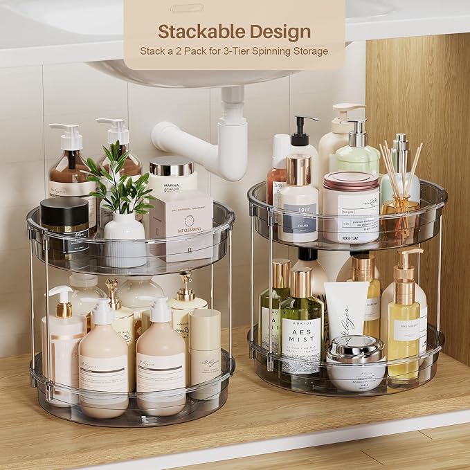 LAMU 2 Pack 2 Tier Lazy Susan Turntable Organizer 12'' Rotating Spice Rack Organization for Cabinet, Kitchen, Pantry, Countertop, Bathroom, Vanity, Medicine Cabinet Organizer, Grey-Ruum Studio Home