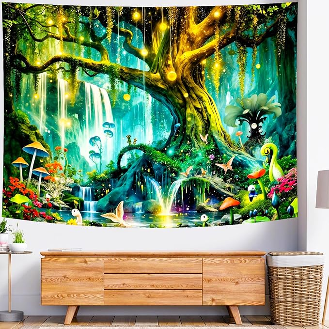 Delur Magical Forest Tapestry Fantasy Tree of Life Enchanted Fairy Tale Forest Tapestry Mystical Psychedelic Nature Landscape Wall Hanging Headboard for Bedroom Living Room Home Decor (59.1" x 78.7")-Ruum Studio Home