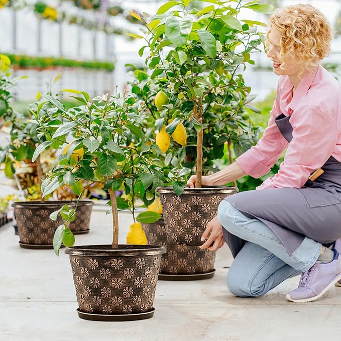 16 Inch Planter Pots for Plants, Plastic Large Flower Pots Indoor Outdoor, 4 Pack Resin Plant Pot with Drainage & Saucer, Retro Decorative Garden Pot with Removable Trays for House-Ruum Studio Home