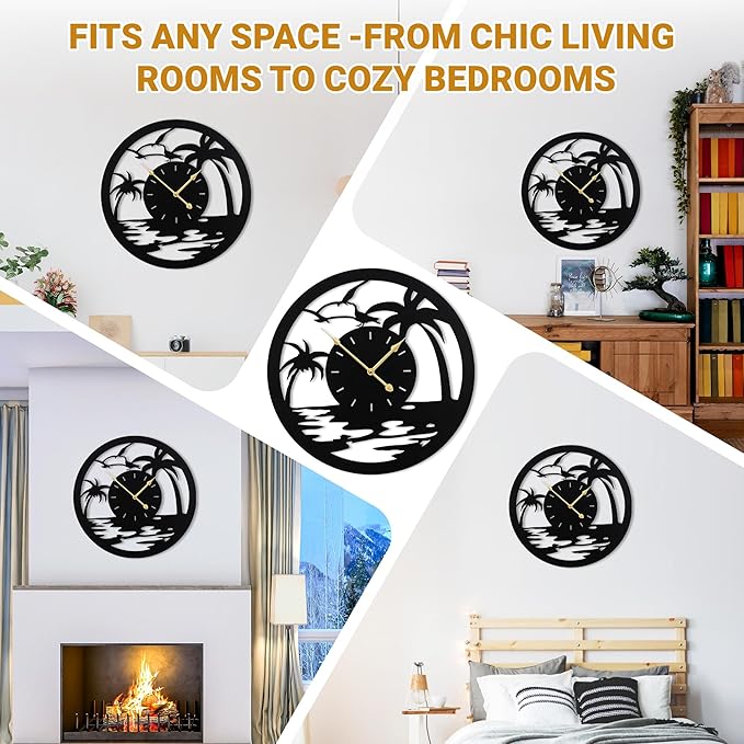 20inches/50cm Wall Clocks Palm Tree Battery Powered No Ticking Silent Round Black Modern Unique Metal Wall Clocks Suitable Living Room Kitchen Bedroom Fireplace Office Farmhouse。-Ruum Studio Home