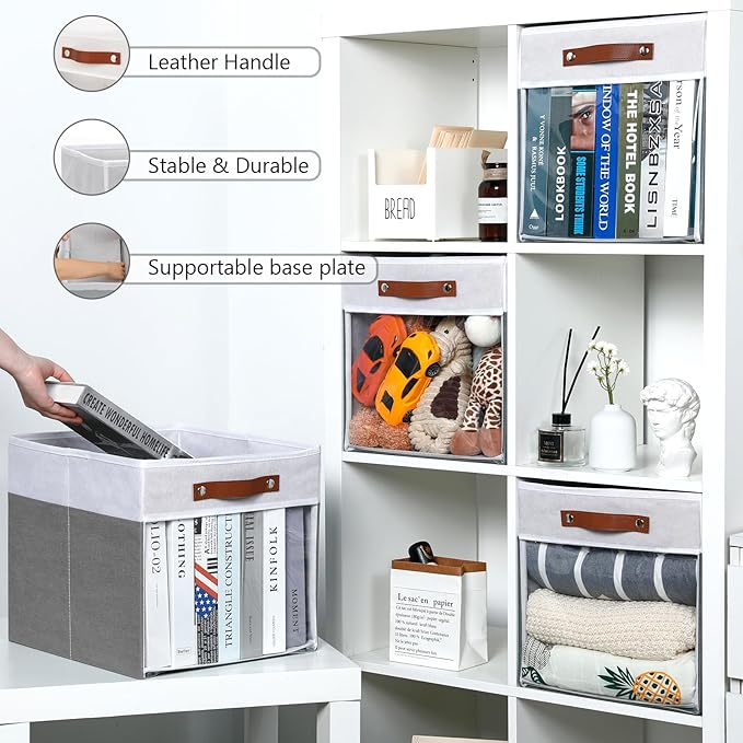HNZIGE Fabric Cube Storage Bins - 4 Pack 13x15x13 Collapsible Storage Cubes for Organizing Shelves, Closet, Pantry - White, Gray-Ruum Studio Home