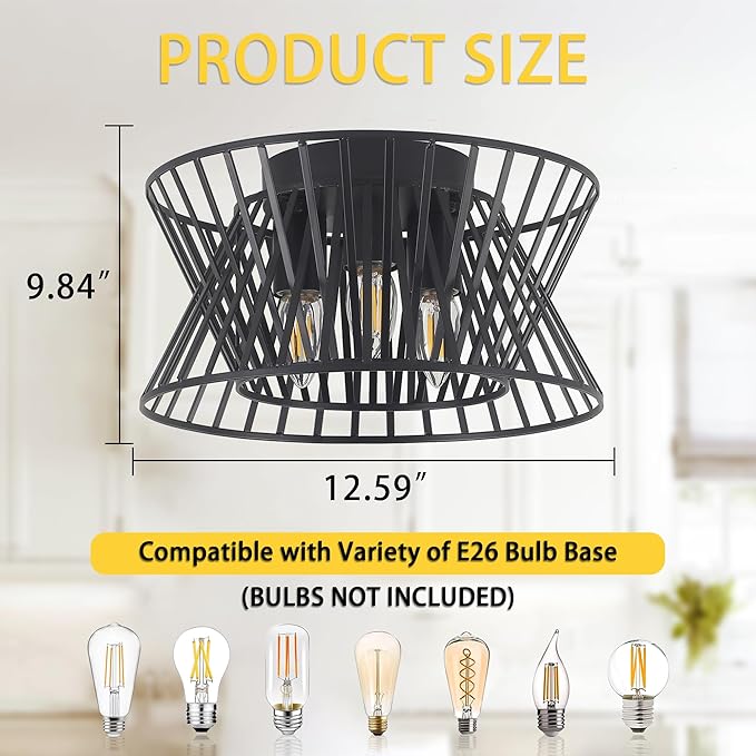 3-Lights Black Ceiling Light Vintage Geometric Chandelier Light Fixture Adjustable Metal Semi Flush Mount Lighting for Kitchen Room Dining Room Foyer-Ruum Studio Home