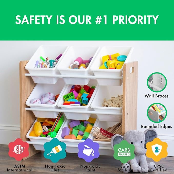 Humble Crew 9-Bin Toy Organizer – Journey Natural Wood with White Plastic Bins, 3-Tier Storage Solution for Kids' Playrooms and Nurseries-Ruum Studio Home
