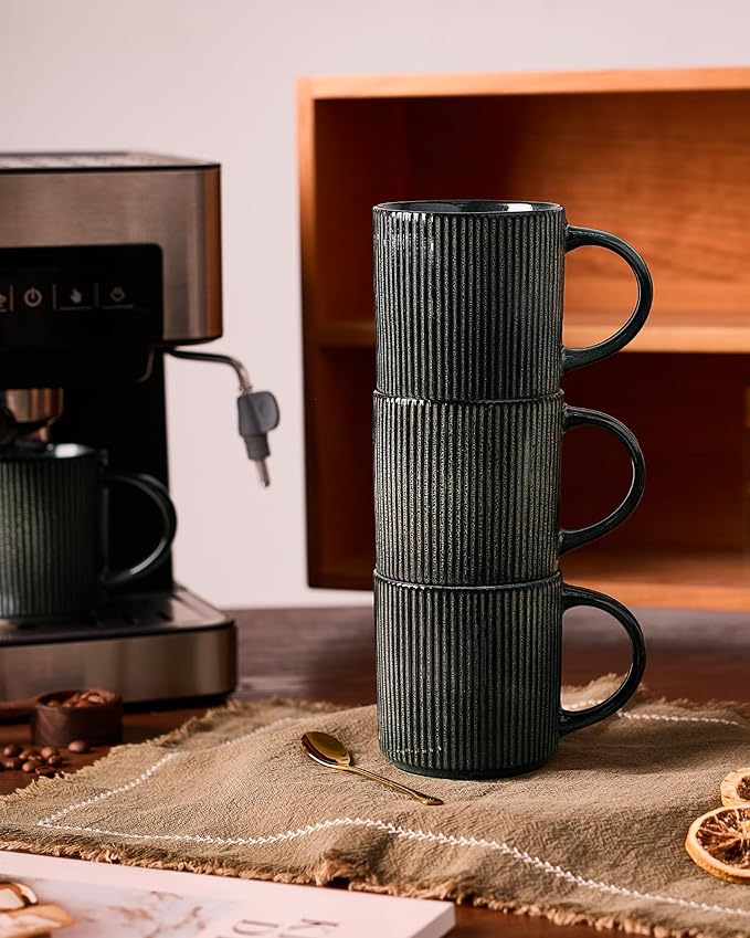 famiware Coffee Mug Set for 6, Star 12 oz Catering Mugs Cup Set with Handle for Coffee, Tea, Cocoa, Milk - Ceramic Stoneware Drinkware Set, Deep Forest-Ruum Studio Home
