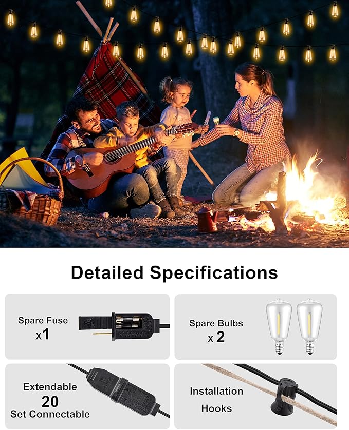 Outdoor String Lights - 50FT LED Patio Lights with 27 Shatterproof Waterproof Bulbs, Connectable Dimmable Edison IP65 ST38 Outside Lights for Garden, Balcony, Porch, Backyard, Deck, Home Decor-Ruum Studio Home