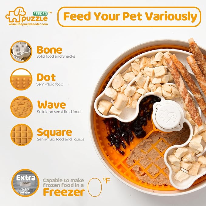 Slow Feeder Dog Bowl with Lick Mat and Puzzle Inserts - Non-Slip Base, Adjustable Speed Design, Dishwasher Safe for Puppies, Orange-Ruum Studio Home