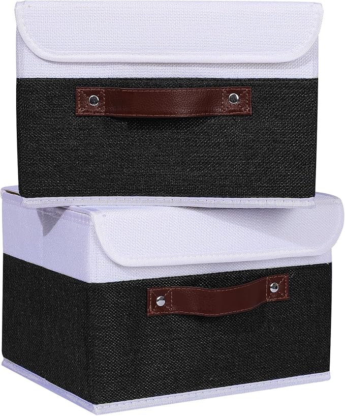 ANMINY 4PCS Storage Boxes with Lid Washable Decorative Storage Bins Basket with PU Leather Handle Foldable Linen Fabric Storage Cubes Containers for Home Closet Organizer - Black White, Small Size-Ruum Studio Home