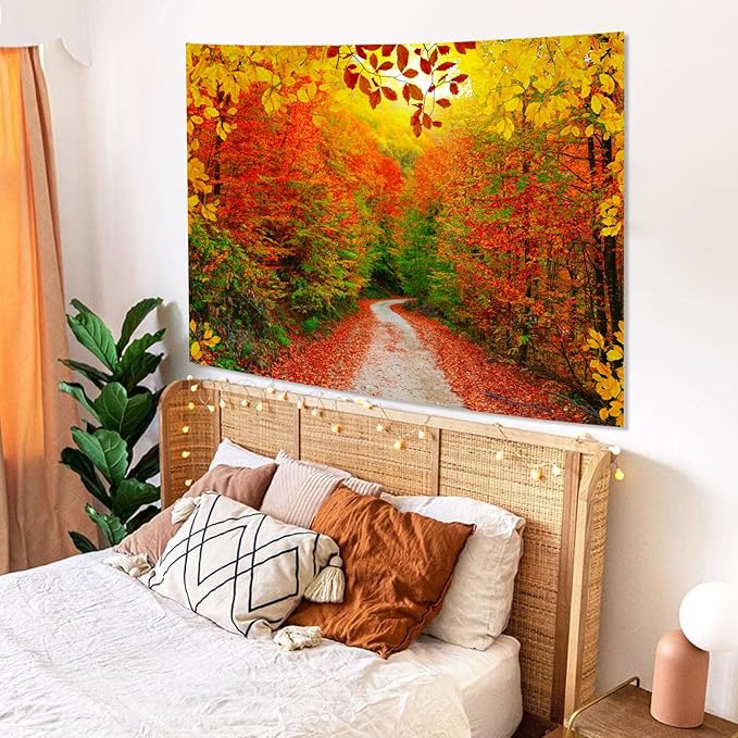 AMM Autumn Forest Tapestry Nature Fall Tree Thanksgiving Tapestry for Bedroom Aesthetic Autumn Path Yellow Red Fallen Leaves Landscape Tapestries Wall Hanging for Living Room Dorm 80 x 60 Inch-Ruum Studio Home