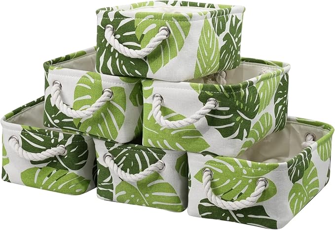 Organization and Storage Basket for Shelves - Small 6 Pack Fabric Storage Bin Collapsible Baskets for Organizing with Handle for Cloth Decorative Laundry Canvas (Banana Leaf 12x8x5.2 inch)-Ruum Studio Home