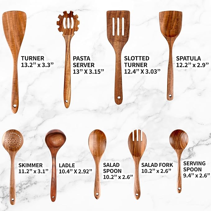 Zulay Kitchen 9-Piece Teak Wooden Utensils for Cooking - Smooth Finish Natural Teak Utensil Set - Non-Stick Wooden Spoons for Cooking - Kitchen Gift Set - Comfortable Grip Wooden Utensil Set-Ruum Studio Home