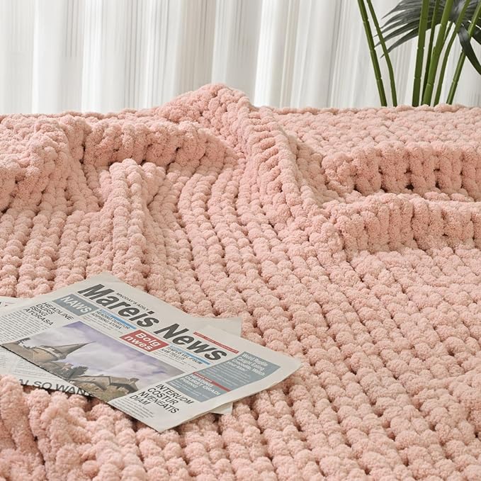 Esterra Chunky Knit Blanket Throw 60"x80", 100% Hand Knitted Chenille Throw Blanket, Cozy Soft Thick Cable Knit Throw Large Rope Knot Crochet Throw Blanket for Sofa Couch Bed, Dusty Pink-Ruum Studio Home