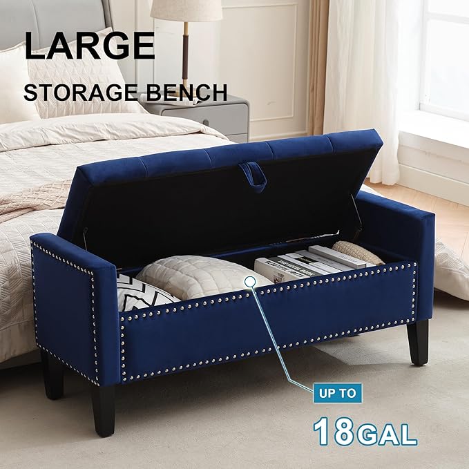 Storage Ottoman Bench, Velvet Upholstered Footstool for Bedroom and Living Room, Tufted Seat with Storage, Wooden Legs & Metal Rivets, Dark Blue-Ruum Studio Home
