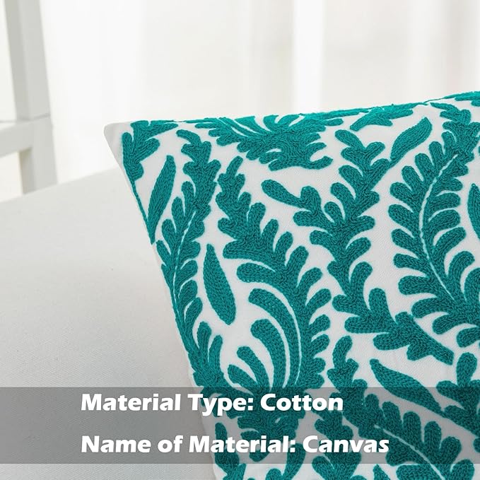 HWY 50 Teal Decorative Throw Pillow Covers 18x18 Inch (1 Piece), Embroidered Cotton Farmhouse Cushion Cover Pillow Case for Sofa Couch Living Room Bed Bedroon, Floral Branches-Ruum Studio Home