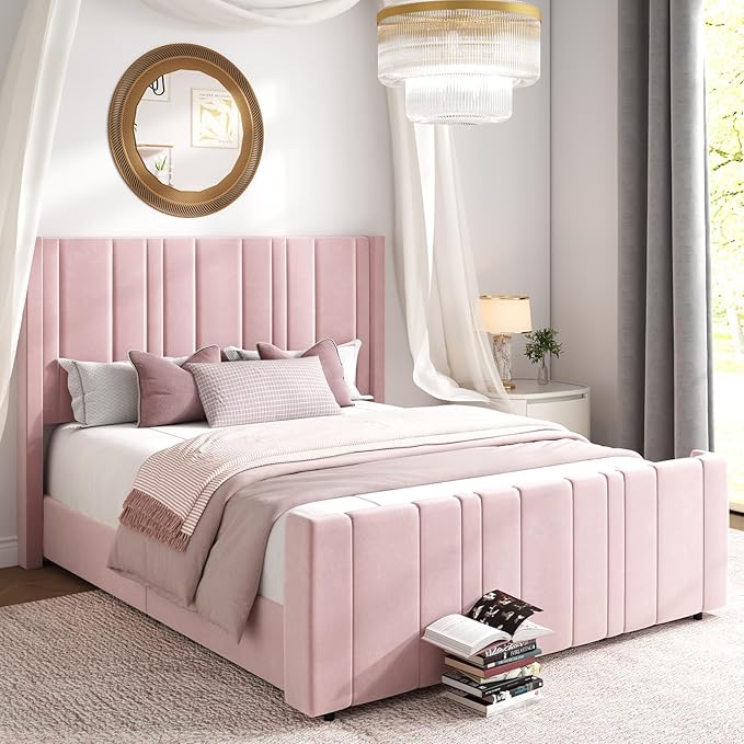 HOMBCK Queen Bed Frame Pink Upholstered Bed with Vertical Channel Tufted Headboard & 22" Footboard, Noise Free/Wooden Slats/Noise Free/No Box Spring Needed/Easy Assembly-Ruum Studio Home
