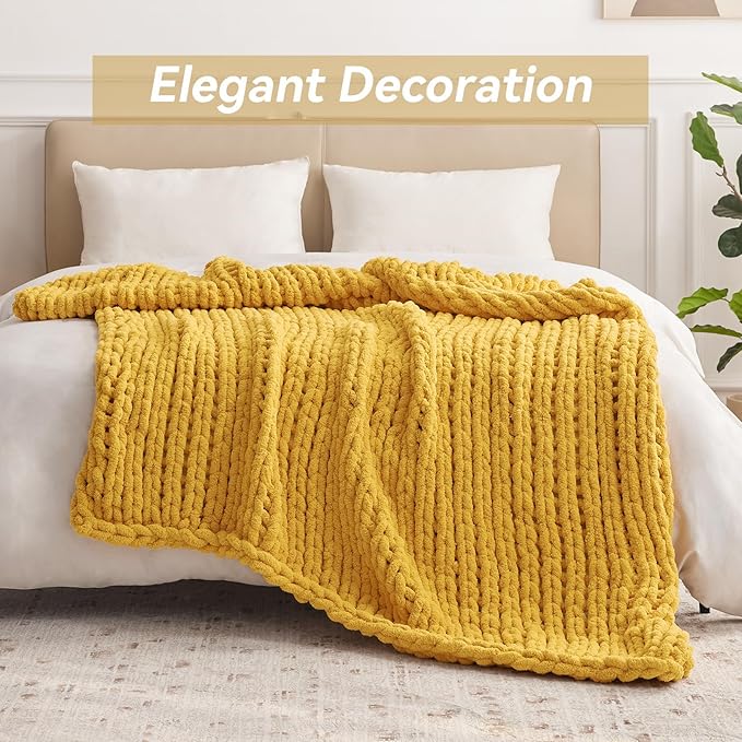Chunky Knit Throw Blanket, 50''*60'' Knitted Throw Chenille Yarn for Bed Couch, Handmade Yellow Crochet Big Thick Blanket, Machine Washable Cute Comfy Blanket for Home Decor-Ruum Studio Home