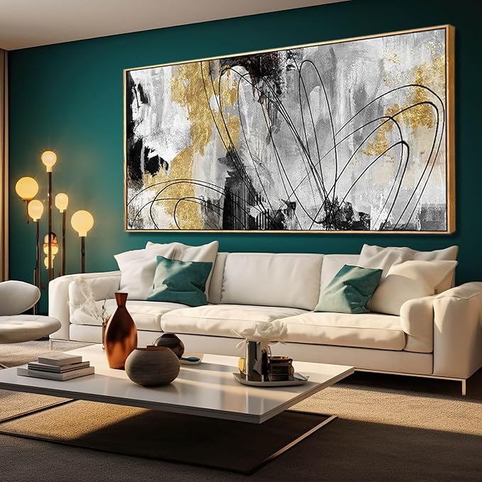 Large Canvas Wall Art Gold Abstract Paintings 29x58 Inch Wooden Framed Artwork Black Line Painting for Bedroom Bathroom Home Decor-Ruum Studio Home