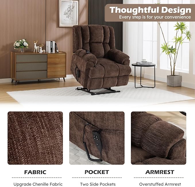Dual Motor Power Lift Recliner Chair with Massage and Heat for Elderly People, Infinite Position, Brown Recliner Chair, Chenille Fabric Lift Chair-Ruum Studio Home