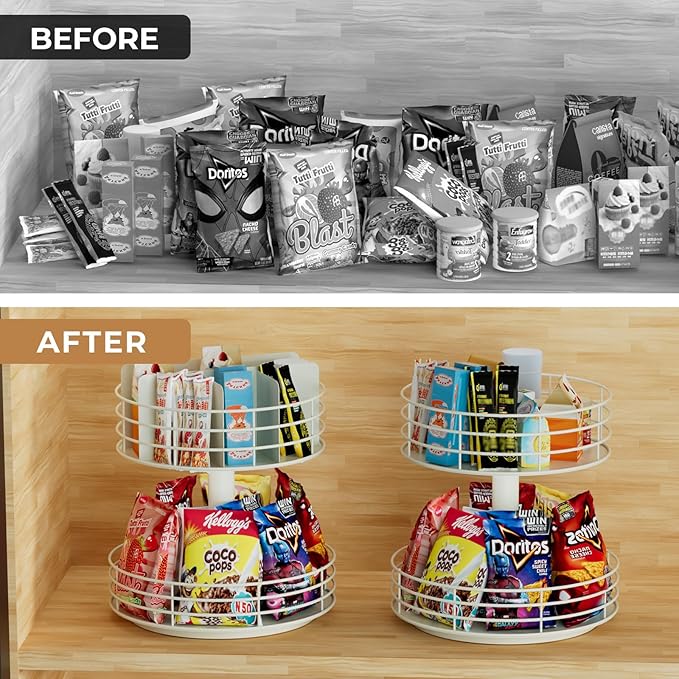 Snack Organizer - Versatile Snack Storage 2 Tier Lazy Susan with Convenient Grab-and-Go Design, Metal Snack Holder for Home, Office, Breakroom, 12.13" L x 12.13" W x 12.56" H (Matte White)-Ruum Studio Home