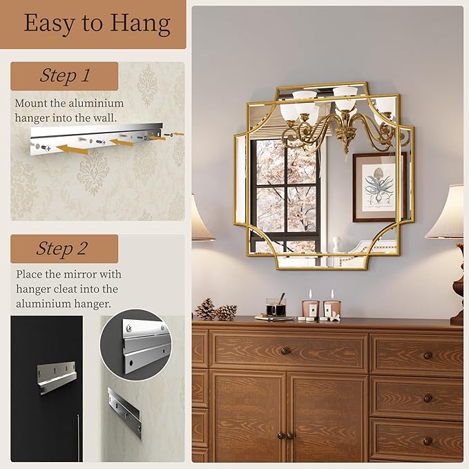 Kelly Miller Gold Framed Mirror for Wall, 26"x26" Gold Square Wall Mirror Vanity Mirror Decorative Mirror Beveled Wall Decor for Bathroom Powder Room Living Room Bedroom Bedside Table Entryway Hallway-Ruum Studio Home