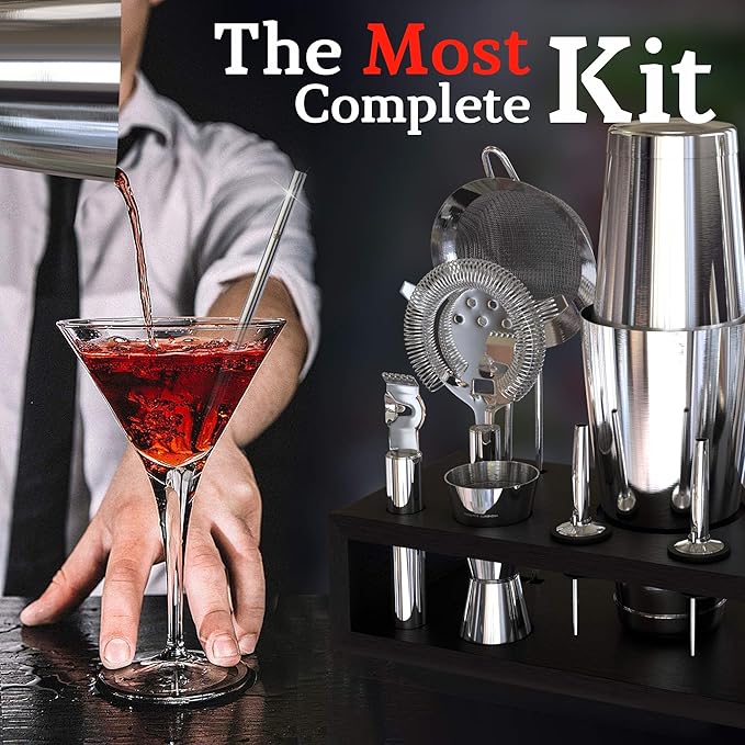 Highball & Chaser 13-Piece Boston Cocktail Shaker Set Stainless Steel Mixology Bartender Kit With Stand For Home Bar Cocktail Set | Laser Engraved Cocktail Tools | Plus E-Book with 30 Cocktail Recipes-Ruum Studio Home