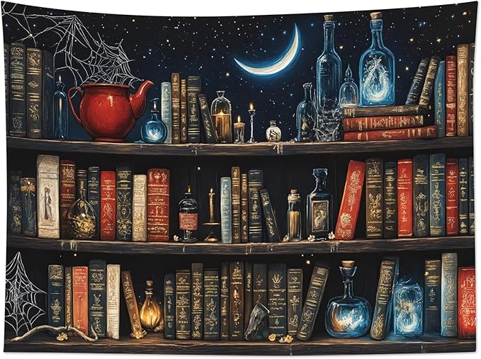 LB Fantasy Bookshelf Tapestry, Horror Spider and Vintage Book with Moon Wall Tapestry for Bedroom Aesthetic, Trippy Galaxy Wall Art for Living Room Dorm Home Decor Ready to Hanging, 48 x 36 Inches-Ruum Studio Home