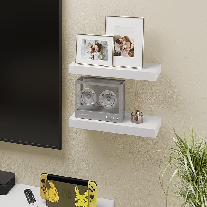 BAMEOS Floating Shelves, White Wall Mounted Wooden Shelves with Invisible Brackets Set of 2, Hanging Wall Shelves Decoration for Bedroom, Bathroom, Living Room and Kitchen-Ruum Studio Home