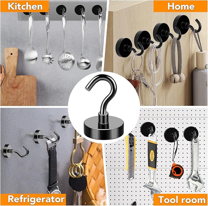 MIKEDE Magnetic Hooks, 40Lbs Strong Neodymium Black Magnet Hook for Hanging, Heavy Duty Magnetic Hooks Classroom Must Have, Magnet with Hooks for Home, Kitchen, Workplace, School - Pack of 10-Ruum Studio Home