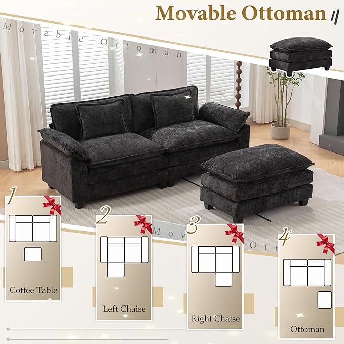 URRED Modular Sectional Sofa Comfy Cloud Couch, Modern Chenille Sofa Sleeper Deep Seat Couches with Ottoman/Pillows for Living Room (Black, 82.6''- L Shape)-Ruum Studio Home