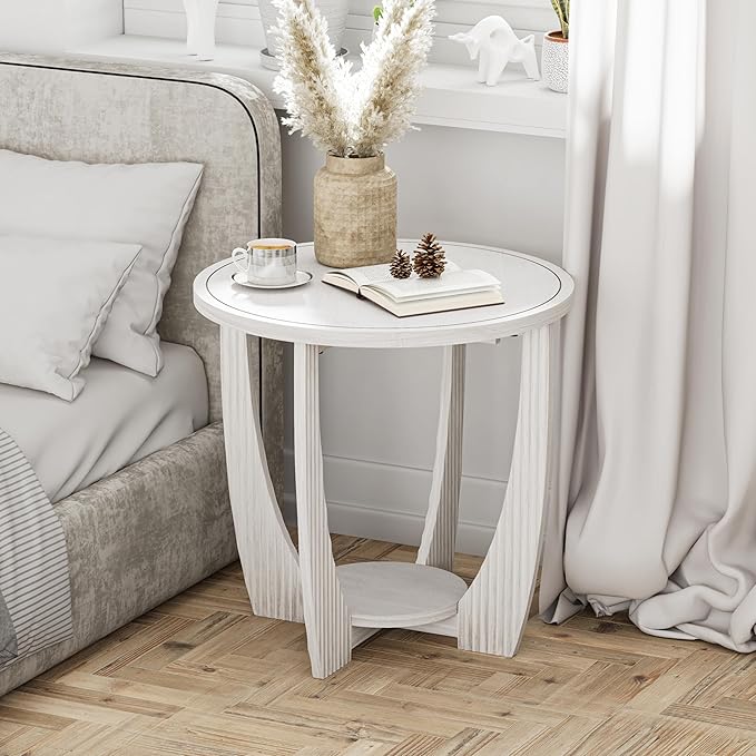 Rustic Farmhouse end Table X 2P with Storage Shelf, French Country Accent Side Table for Family, Dinning or Living Room, Small Spaces, Modern, Round, White-Ruum Studio Home