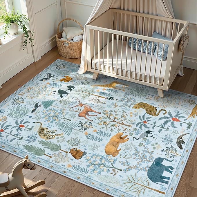 OJIA Animal Print Washable Area Rug 5x7, Soft Nursery Rugs for Living Room Ultra-Thin Non-Shedding Kids Bedroom Rug, Stain Resistant Throw Rug Large Carpet for Dining Room, Light Blue-Ruum Studio Home