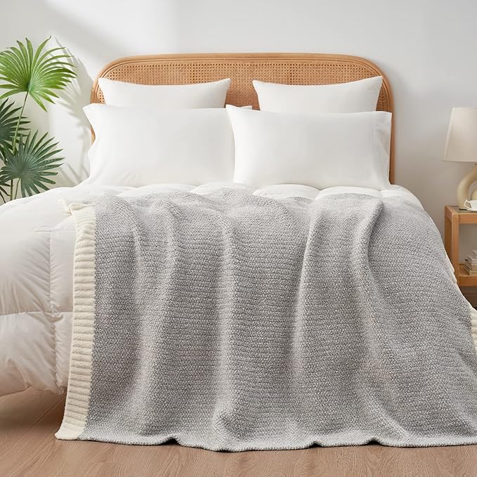 Snuggle Sac Buttery Grey Throw Blanket for Couch, Reversible Super Soft Warm Blankets Cozy Knit Fuzzy Plush Lightweight Throws for Sofa, Bed, Heather Grey, 50"x 60"-Ruum Studio Home