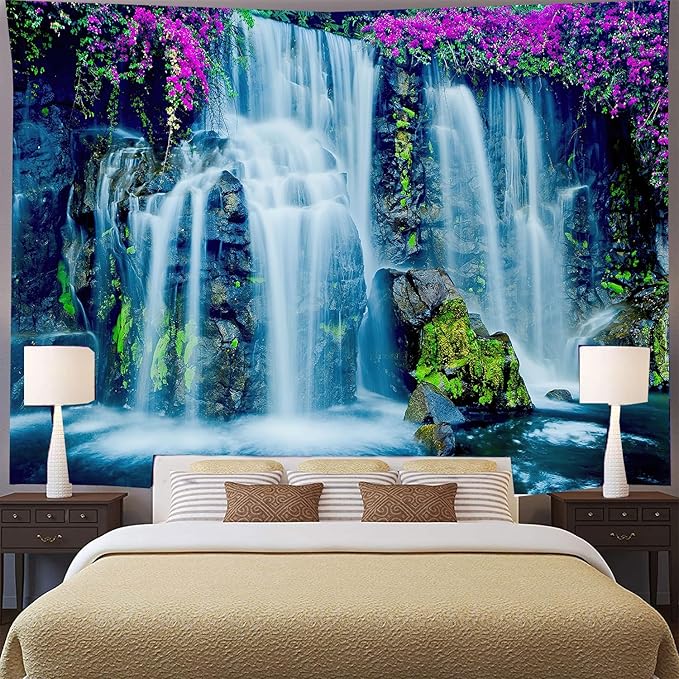 FENDROM Waterfall Tapestry Purple Forest Wild Flowers Floral Mountain Jungle Plants Nature Landscape Wall Hanging Bedroom Living Room Hanging Decorative Blanket-Ruum Studio Home