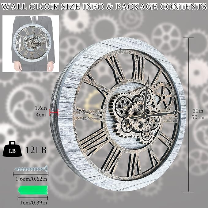 HOIBAI Wall Clock, Clocks for Living Room Decor 20 Inch Big Moving Gears Clock Farmhouse Vintage Rustic Wall Clock for Home Bedroom House Kitchen Wall Decor-Ruum Studio Home