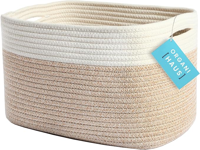 OrganiHaus Woven Storage Baskets for Organizing, Cotton Rope Organizer Bins for Shelves, Closet & Nursery, Dog Toy Basket, Decorative Bins for Toys, Towels & Books - 15x10x9, Light Honey-Ruum Studio Home