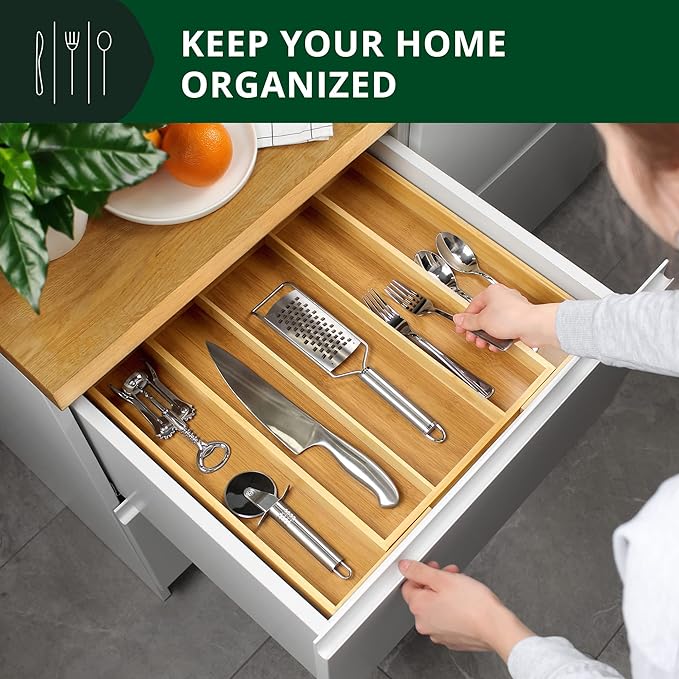 ROYAL CRAFT WOOD Luxury Bamboo Kitchen Drawer Organizer - Silverware Organizer - Utensil Holder and Cutlery Tray with Grooved Drawer Dividers for Flatware and Kitchen Utensils (5 Slot, Natural)-Ruum Studio Home