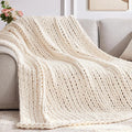 Chunky Knit Throw Blanket, 30''*40'' Knitted Throw Chenille Yarn for Bed Couch, Handmade Cream Crochet Big Thick Blanket, Machine Washable Cute Comfy Blanket for Home Decor-Ruum Studio Home