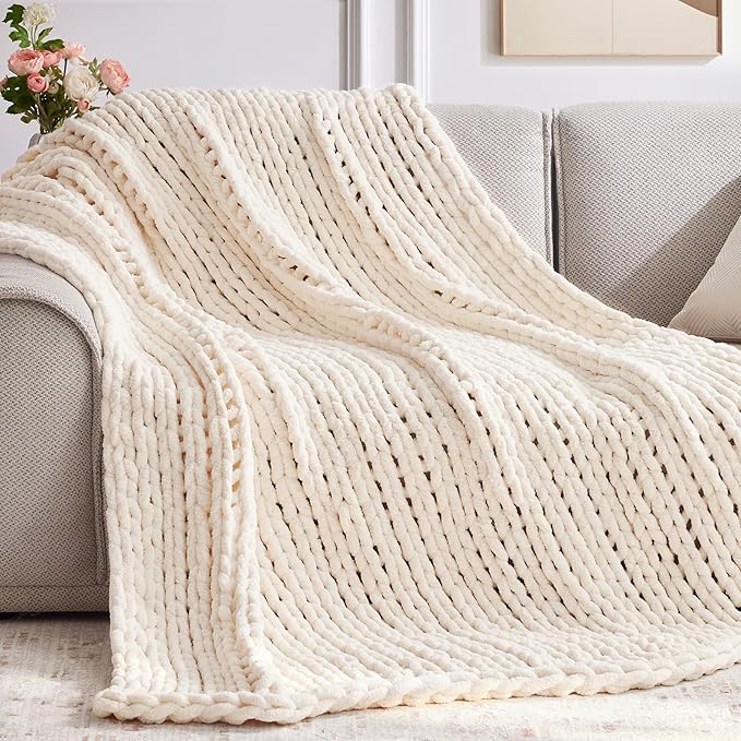 Chunky Knit Throw Blanket, 80''*90'' Knitted Throw Chenille Yarn for Bed Couch, Handmade Cream Crochet Big Thick Blanket, Machine Washable Cute Comfy Blanket for Home Decor-Ruum Studio Home