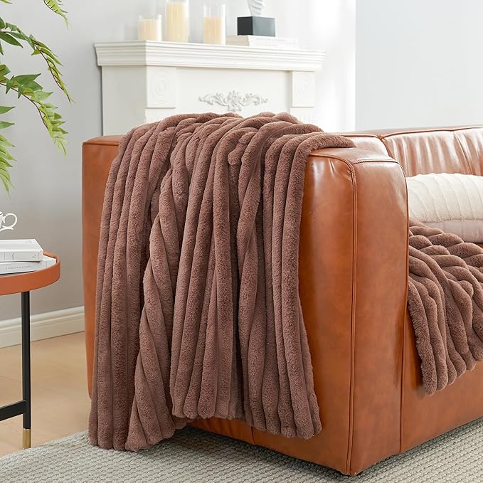 Amélie Home Faux Fur Throw Blanket for Couch, Cozy Fuzzy Fluffy Fur Luxurious Soft Striped Plush Gift Blankets for Family Sofa Chair Bed Living Room Bedroom, 55"x70", Light Coffee-Ruum Studio Home