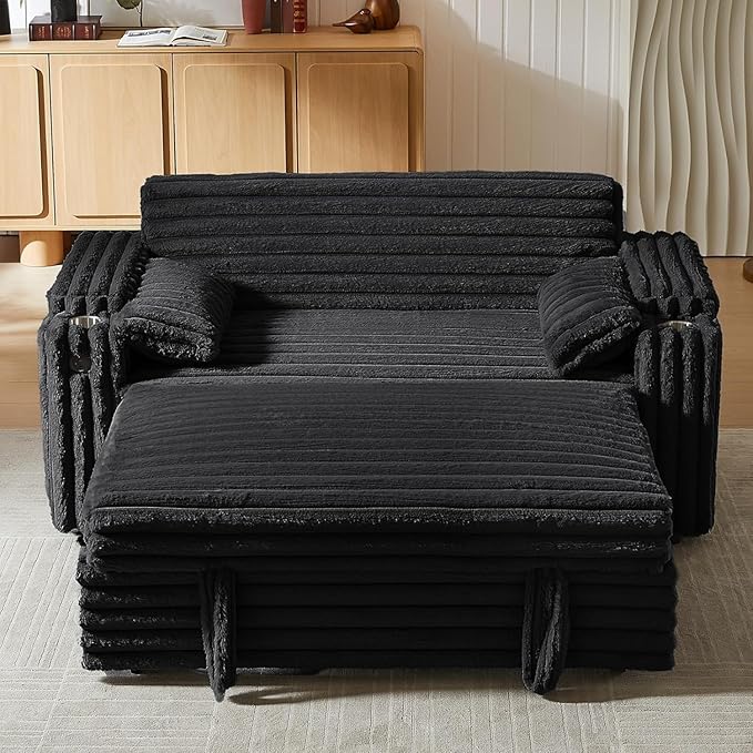 57-Inch Velvet Full Size Sleeper Sofa Couch with Pullout Bed,Convertible Pull Out with Golden Decorative Strip and Adjustable Backrest for Small Spaces,Apartment, Guest Room, RV (1109Black)-Ruum Studio Home