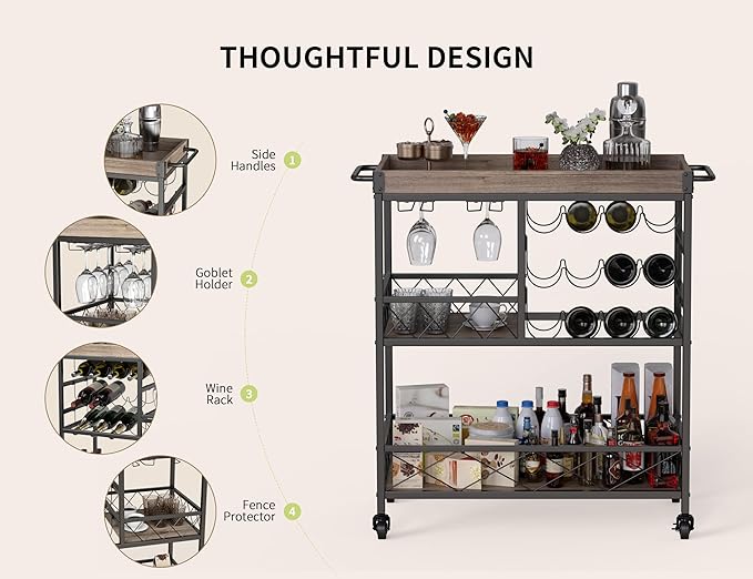 Gizoon Rolling Bar Cart, a Versatile Beverage Cart with a Removable Tray, 12-Bottle Wine Rack, and Glass Holder, The Bar Cart is Perfect for Kitchen, Dining Room, or Outdoor Use (Gray)-Ruum Studio Home