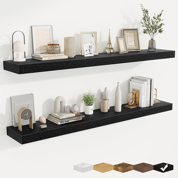 fuqing Floating Shelves for Wall, Bathroom Shelf Wall Mounted for Storage, Shelves with Invisible Bracket for Bedroom, Kitchen, Living Room, Farmhouse Small Book Shelf, 55 Inch Set of 2, Black-Ruum Studio Home