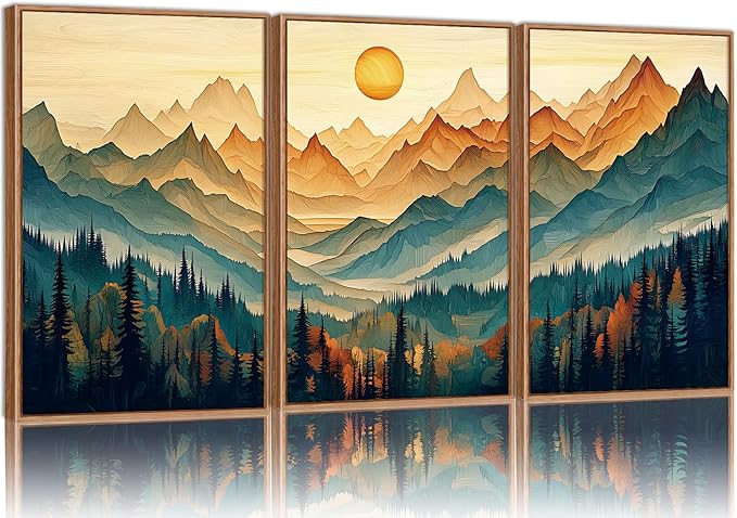 Tinonedraw Large Mountain Framed Canvas Wall Art Set of 3, Boho Nature Forest Wall Decor, Neutral Wooden Pine Trees Artwork, Sunrise Ridge Landscape Art Printing for Living Room Bedroom Office 16"x24"-Ruum Studio Home