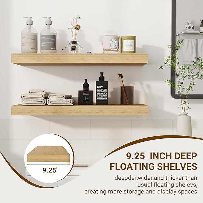 24 Inch Floating Shelves, 3D Textured Wood Grain, 24"x9.25"x1.5" Inch Deep Floating Shelves for Wall, Wooden Shelves for Bathroom, Bedroom, Living Room, Natural-Ruum Studio Home