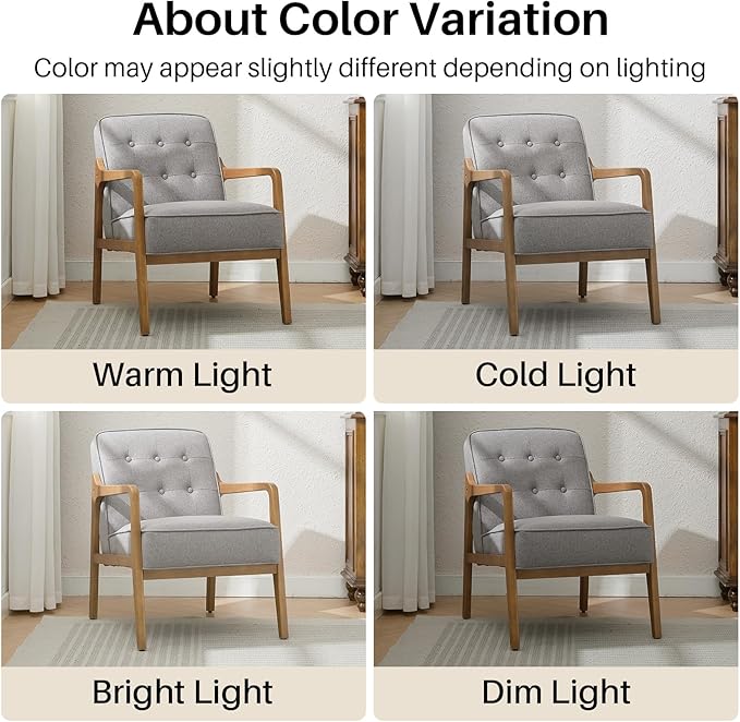 Linen Accent Chair, Mid Century Modern Chair for Living Room, Upholstered Comfy Lounge Armchair with Solid Wood Frame, Reading Side Chair for Bedroom,105°Ergonomic Comfort, Grey-Ruum Studio Home