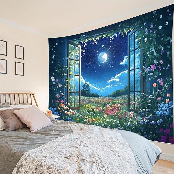 LB Wildflower Moon Tapestry, Green Plant Outside Window and Colorful Floral Wall Tapestry for Bedroom, Garden Wall Art for Living Room Dorm Home Decor Ready to Hanging, 92.5 x 70.9 Inches-Ruum Studio Home