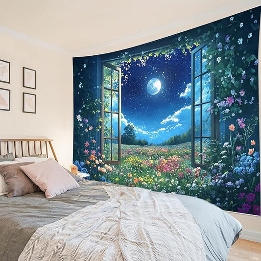 LB Wildflower Moon Tapestry, Green Plant Outside Window and Colorful Floral Wall Tapestry for Bedroom, Garden Wall Art for Living Room Dorm Home Decor Ready to Hanging, 80 x 60 Inches-Ruum Studio Home