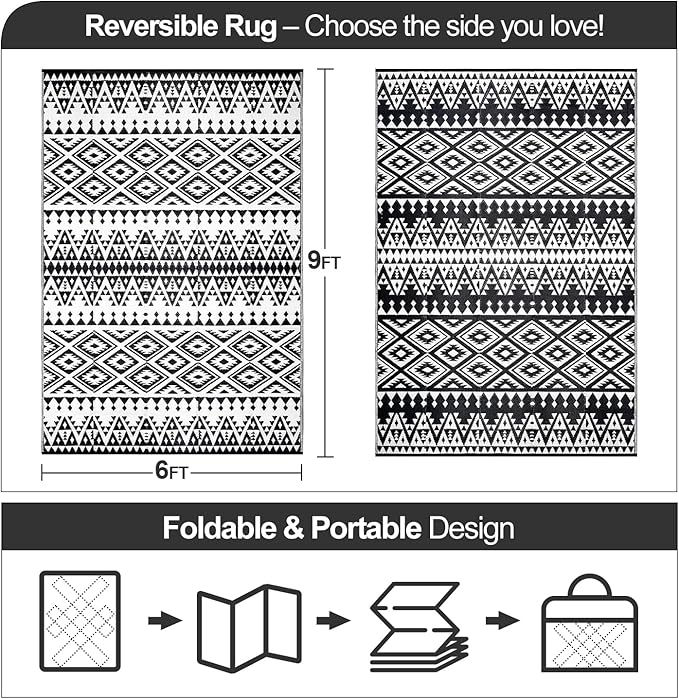 Waterproof Outdoor Rug 6x9ft, Bohemia Reversible Plastic Straw Mat for Patio RV Deck Porch Backyard Balcony Camping Picnic Beach Indoor Outdoor Carpet, Black&White-Ruum Studio Home