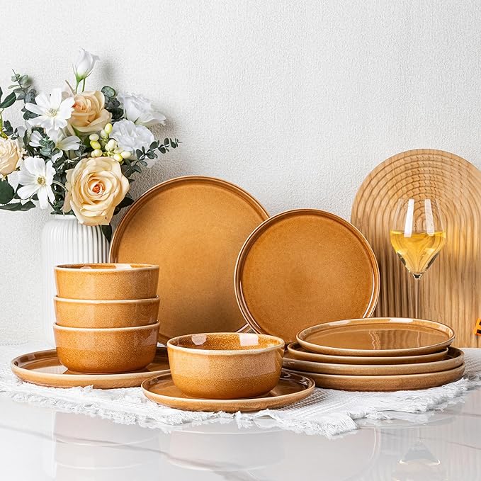 GBHOME Ceramic Dinnerware Sets for 4, 12 Pieces Stoneware Plates and Bowls Sets, Scratch Resistant Dishes, Dishwasher & Microwave Safe, Reactive Glaze-Amber-Ruum Studio Home