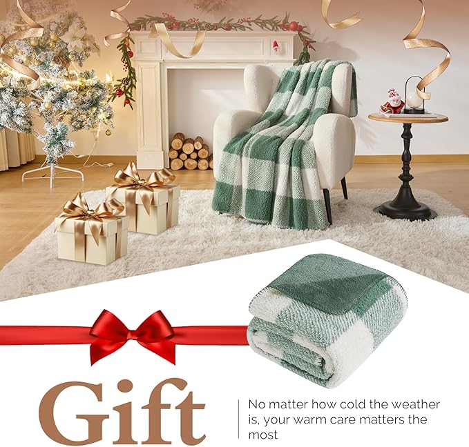 LURKA Checkered Sherpa Fleece Twin-Size Bed Blanket - Extra Thick and Warm Winter Soft Fuzzy Plush Blanket for Couches, Beds & Pets, Sage, 60x80 Inches-Ruum Studio Home