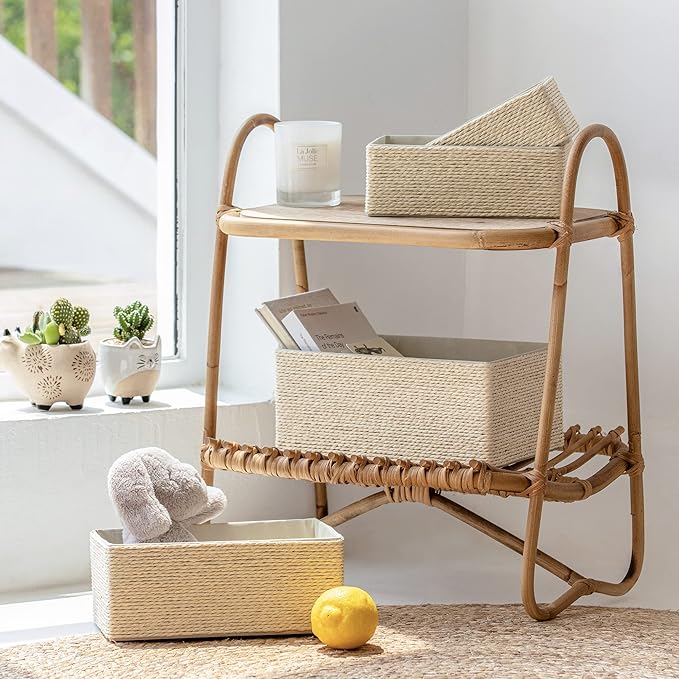 Storage Baskets Set 4 - Stackable Woven Basket Paper Rope Bin, Storage Boxes for Makeup Closet Bathroom Bedroom (Beige)-Ruum Studio Home